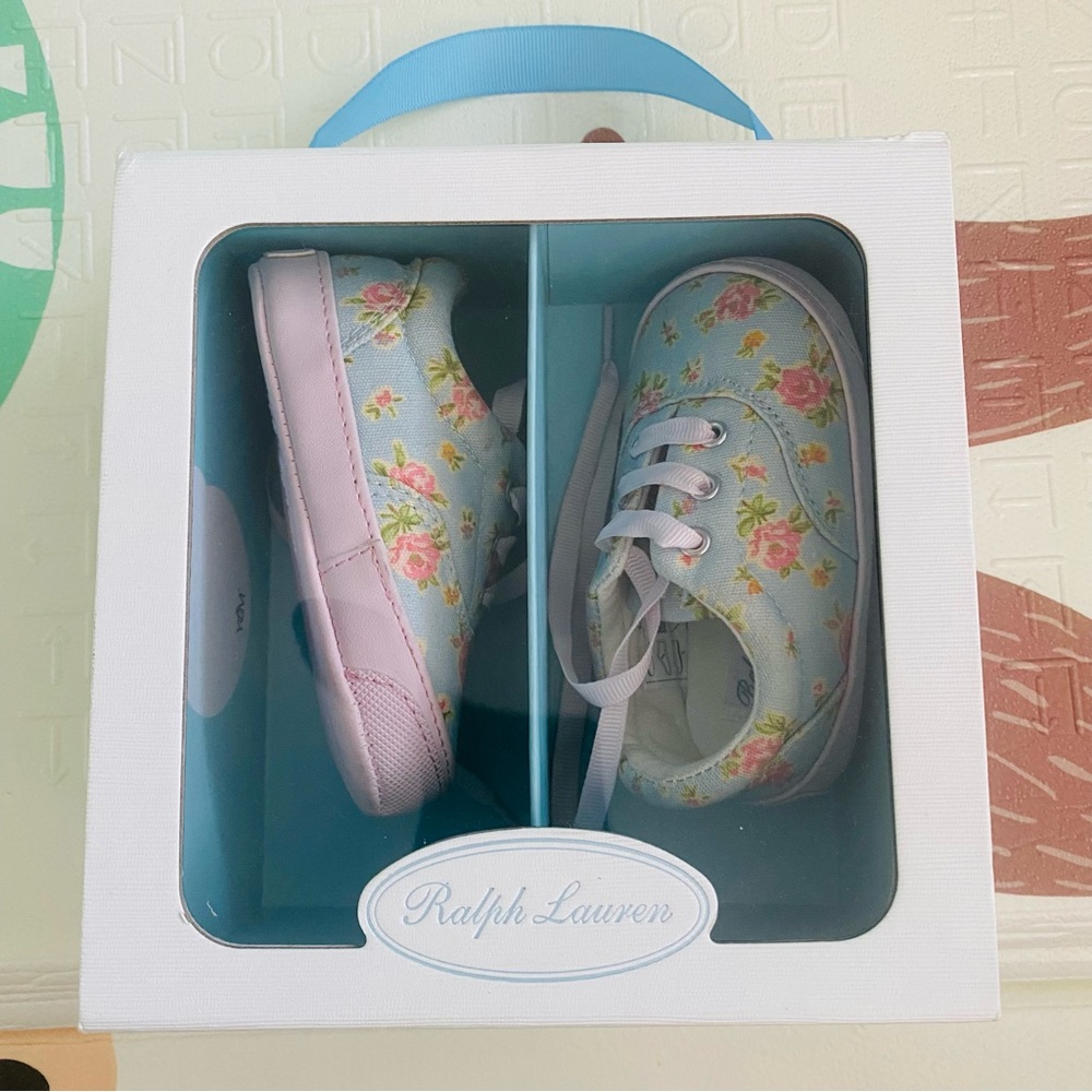 Ralph Lauren Polo Light Blue and Pink Floral Canvas Baby Shoes size 3 GUC - Picture 3 of 12
